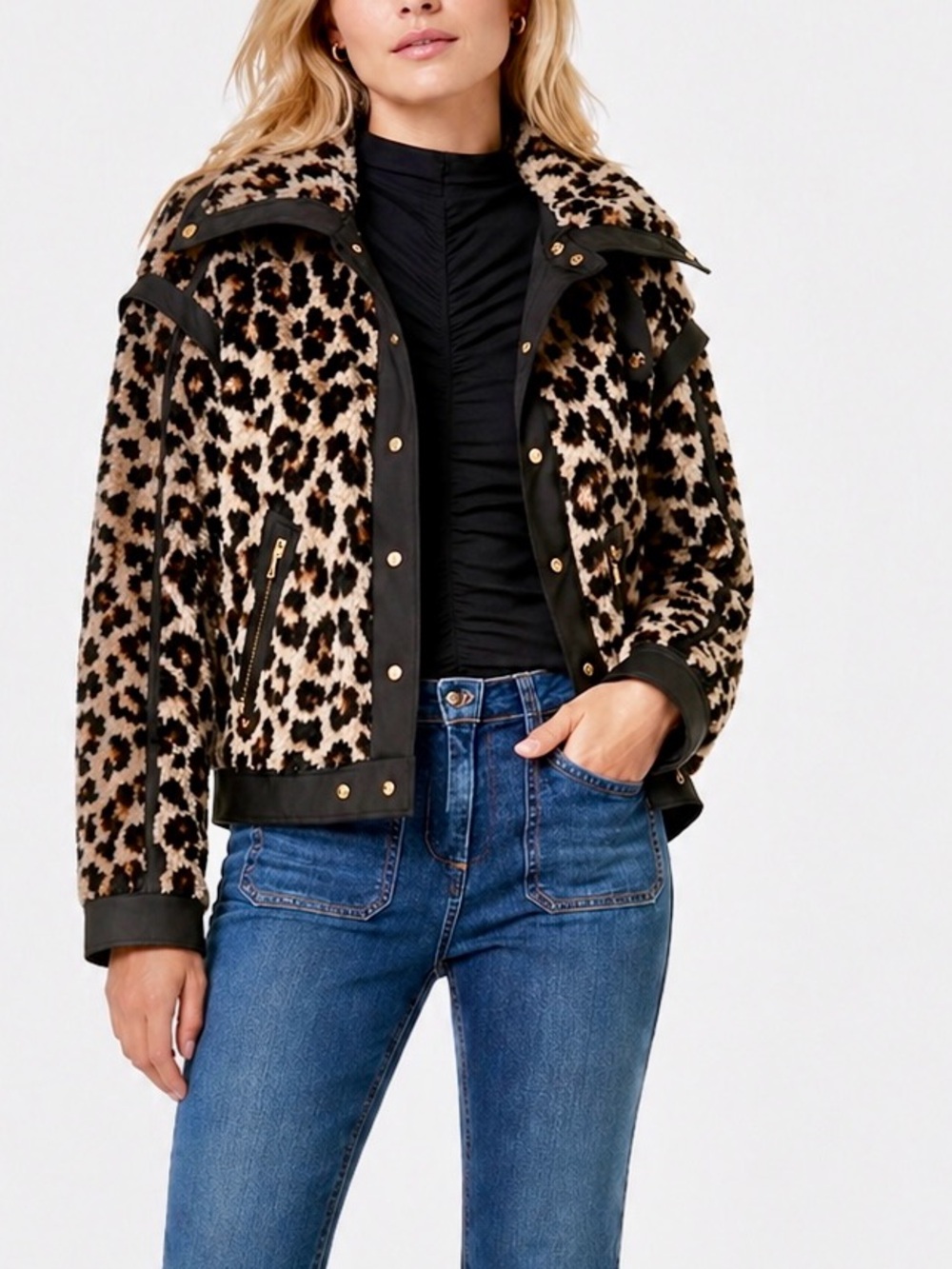 VERONICA BEARD Fuzzy Leopard Teddy Jacket Faux Fur Animal Print Coat